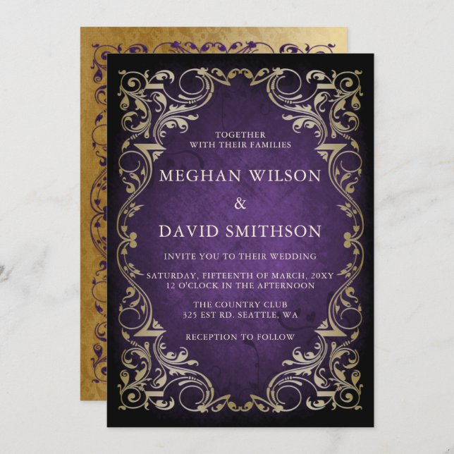 Rustic Elegant Ornamental Purple Gold Wedding  Invitation (Front/Back)