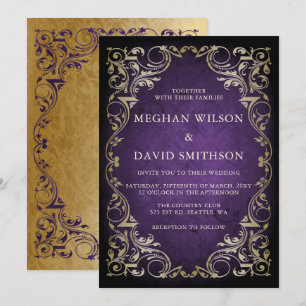 Rustic Elegant Ornamental Purple Gold Wedding  Invitation