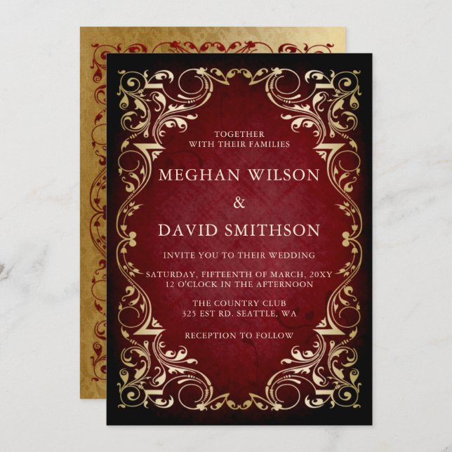 Rustic Elegant Ornamental Red Gold Wedding Invitation (Front/Back)