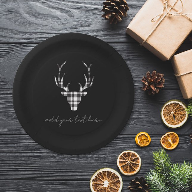 Rustic Elegant Personalized Christmas Paper Plates (chi paper plate for christmas. modern black plaid check deer. )