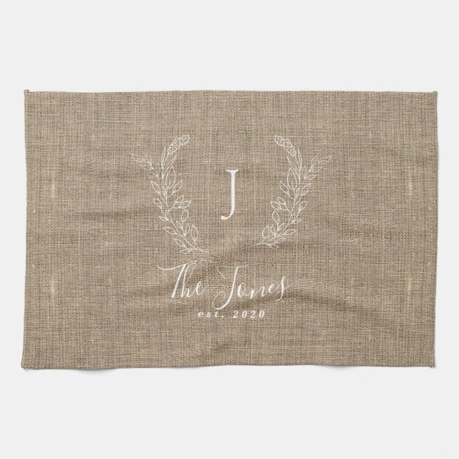 Rustic elegant personalized family monogram name kitchen towel (Horizontal)
