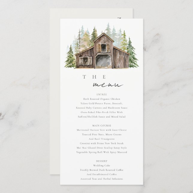 Rustic Elegant Pine Forest Barnyard Menu Mariage (Devant / Derrière)
