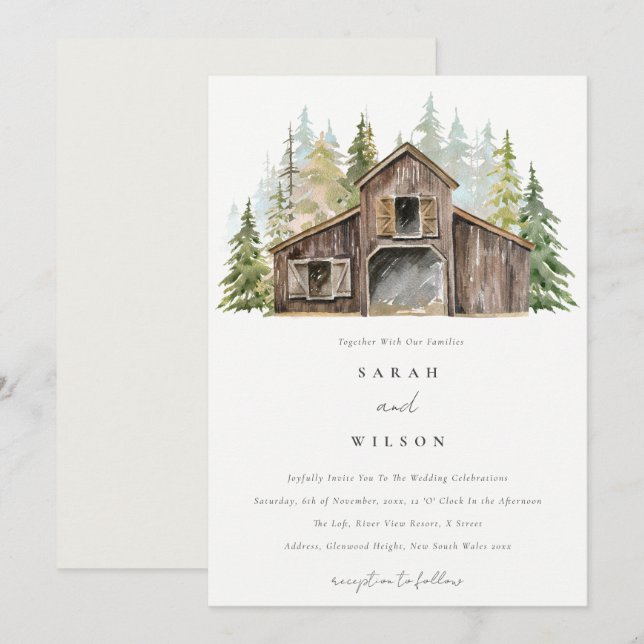 Rustic Elegant Pine Forest Barnyard Wedding Invite (Front/Back)
