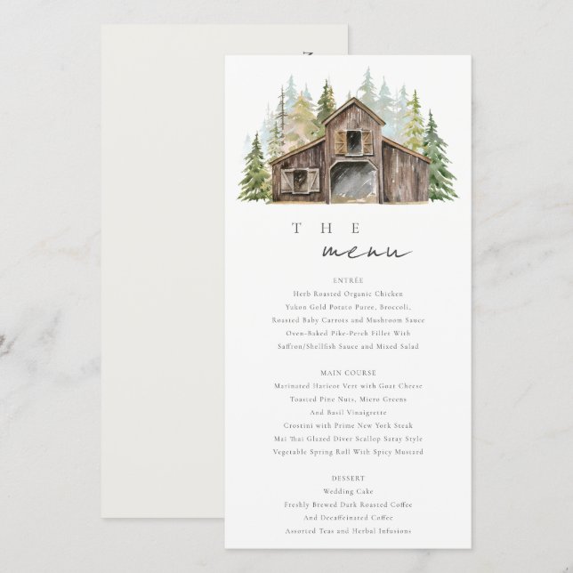 Rustic Elegant Pine Forest Barnyard Wedding Menu (Front/Back)