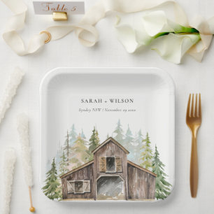 Rustic Elegant Pine Woods Forest Barnyard Wedding Paper Plate