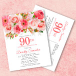 Rustic Elegant Pink Floral 90th Birthday Invitation Postcard<br><div class="desc">Roses, peonies and daises create pretty summer pink floral design. Buds and foliage add a rustic vibe. 90th is written in a large bold text. It can be changed for any year you wish. The birthday celebrant's name is written in an elegant script font. The postcard back provides room for...</div>