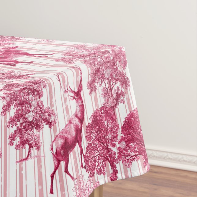 Rustic Elegant Pink French Toile Deer Stripes Tablecloth (In Situ)