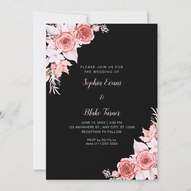 Rustic Elegant Pink Roses Fall Black Wedding Invitation (Front)