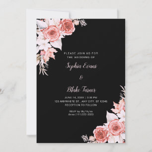 Rustic Elegant Pink Roses Fall Black Wedding Invitation