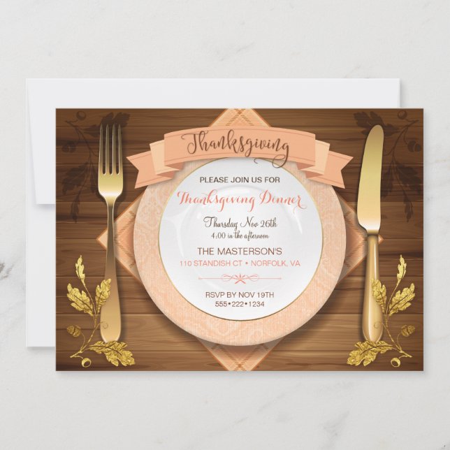 Rustic Elegant Place Setting Wood Acorn Leaf Gold Invitation (Front)