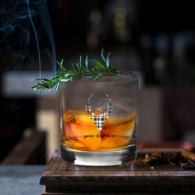 Rustic Elegant Plaid Deer Whiskey Glass (rustic elegant black and white plaid deer personalized whiskey glass)
