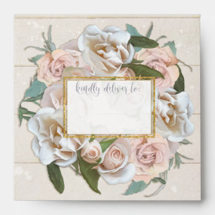 Rustic Elegant Pretty Rose Wreath Gold Wooden Envelope
