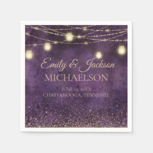 Rustic Elegant Purple Gold String Lights Wedding Napkin