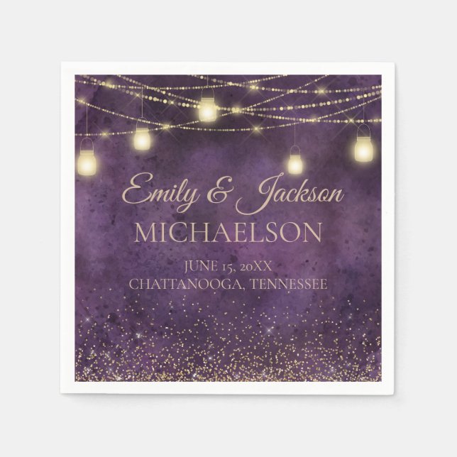 Rustic Elegant Purple Gold String Lights Wedding Napkin (Front)