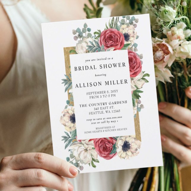 Rustic Elegant Red and Gold Floral Bridal Shower Invitation (Creator Uploaded)