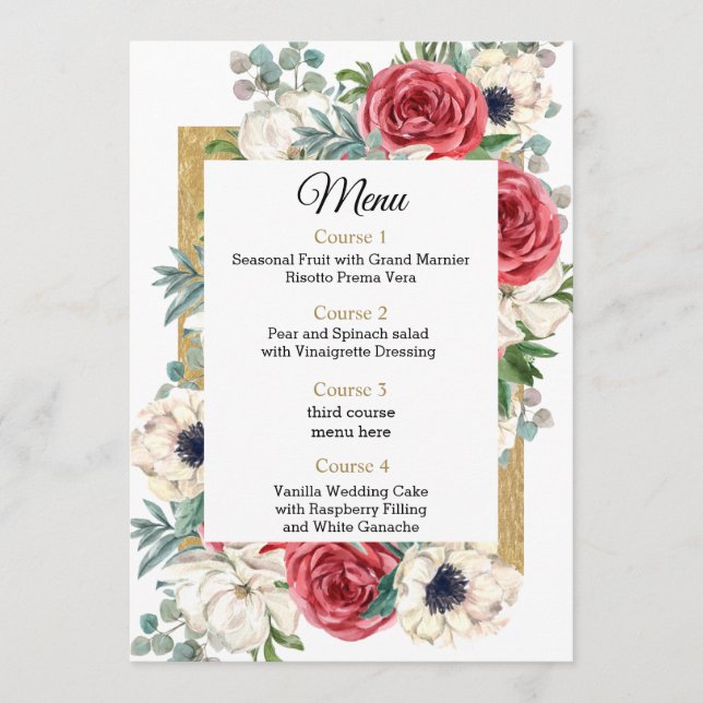 Rustic Elegant Red and Gold Floral White Wedding Menu (Front)