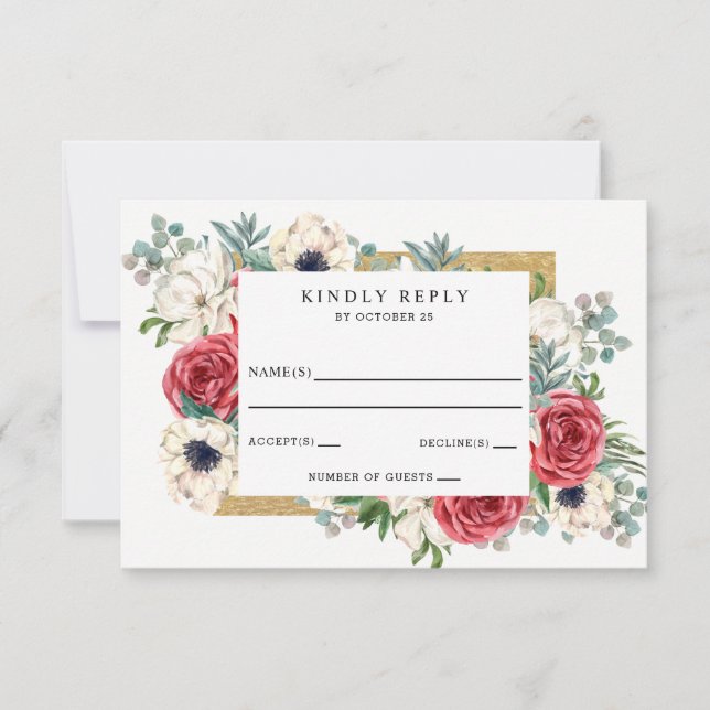 Rustic Elegant Red and Gold Floral White Wedding RSVP Card (Front)