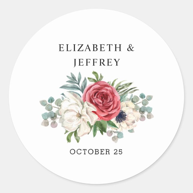 Rustic Elegant Red Floral White Wedding Classic Round Sticker (Front)
