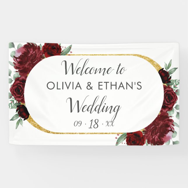 Rustic Elegant Red Rose Floral Gold White Wedding  Banner (Horizontal)