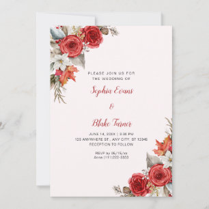 Rustic Elegant Red Roses Fall Light Pink Wedding Invitation
