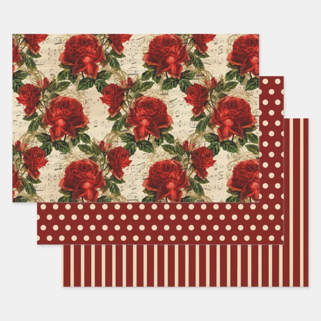Rustic Elegant Red Roses Polka Dots Stripes Solid Wrapping Paper Sheet (Set)