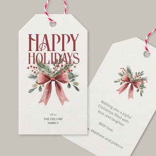 Rustic Elegant Red Watercolor Bow Happy Holidays Gift Tags