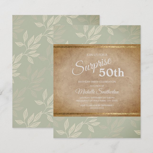 Rustic Elegant Sage Green Leaves 50th Birthday Invitation (Front/Back)