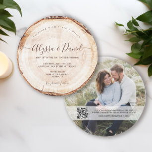 Rustic Elegant Script Wood cut Slice Custom Photo  Invitation