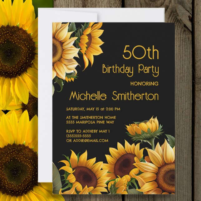 Rustic Elegant Sunflowers Black 50th Birthday Invitation (Sunflowers on black 50th birthday party invitation)