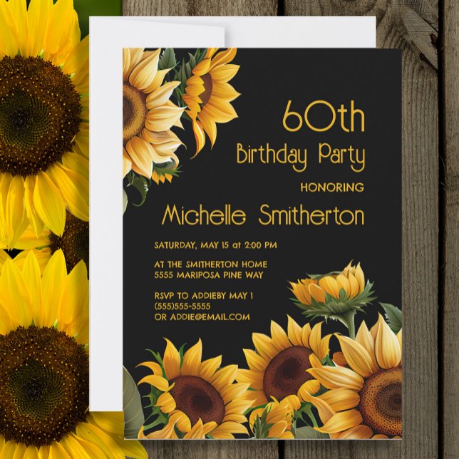 Rustic Elegant Sunflowers Black 60th Birthday Invitation (Sunflowers on black 60th birthday party invitation)