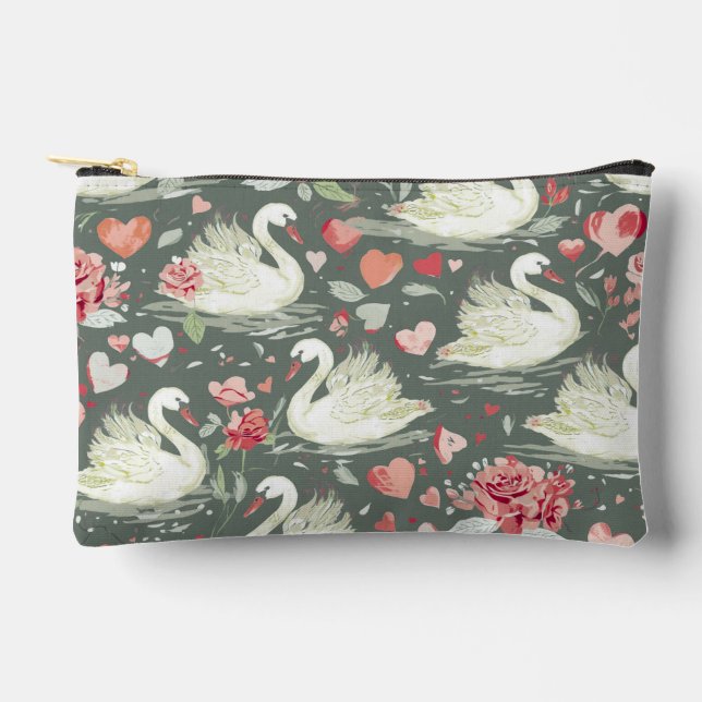 Rustic Elegant Swans & Hearts Elements Pattern Accessory Pouch (Front)