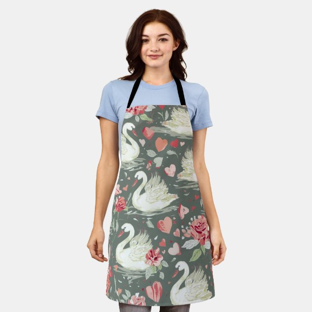 Rustic Elegant Swans & Hearts Elements Pattern Apron (Worn)