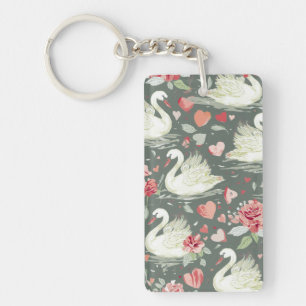 Rustic Elegant Swans & Hearts Elements Pattern Keychain