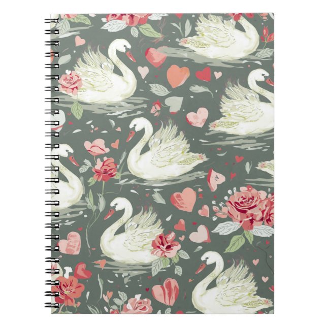 Rustic Elegant Swans & Hearts Elements Pattern Notebook (Front)