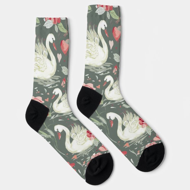 Rustic Elegant Swans & Hearts Elements Pattern Socks (Right)