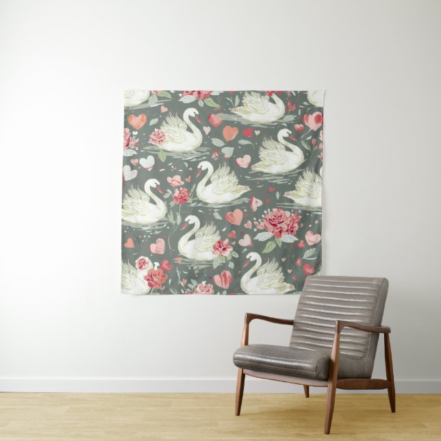 Rustic Elegant Swans & Hearts Elements Pattern Tapestry (In Situ)