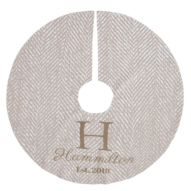 Rustic Elegant Taupe Herringbone Personalized Brushed Polyester Tree Skirt (Front)