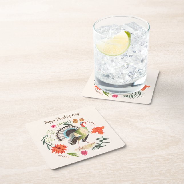 Rustic Elegant Turkey Thanksgiving Botanical  Square Paper Coaster (Insitu)
