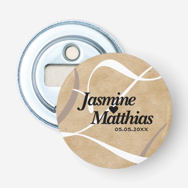 Rustic Elegant Vintage Monogram Burlap Wedding Bottle Opener (Front)