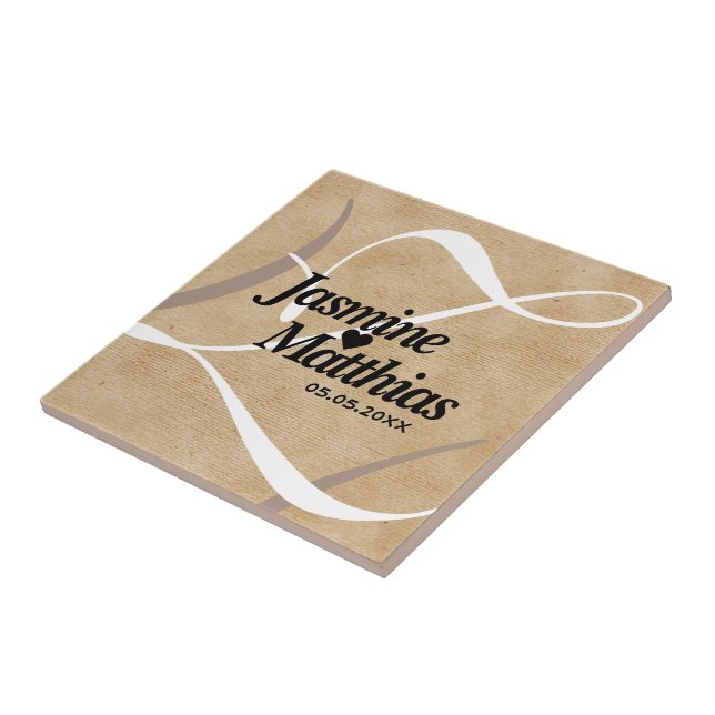 Rustic Elegant Vintage Monogram Burlap Wedding Tile (Side)