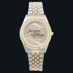Rustic Elegant Vintage Monogram Burlap Wedding Watch<br><div class="desc">Add a touch of vintage charm to your special day with this commemorative rustic wedding wristwatch, which features white serif and script lettering on a (simulated) stained and faded burlap / canvas / rough linen / kraft paper texture background. Customize with newlyweds' names, an initial or monogram for the surname,...</div>