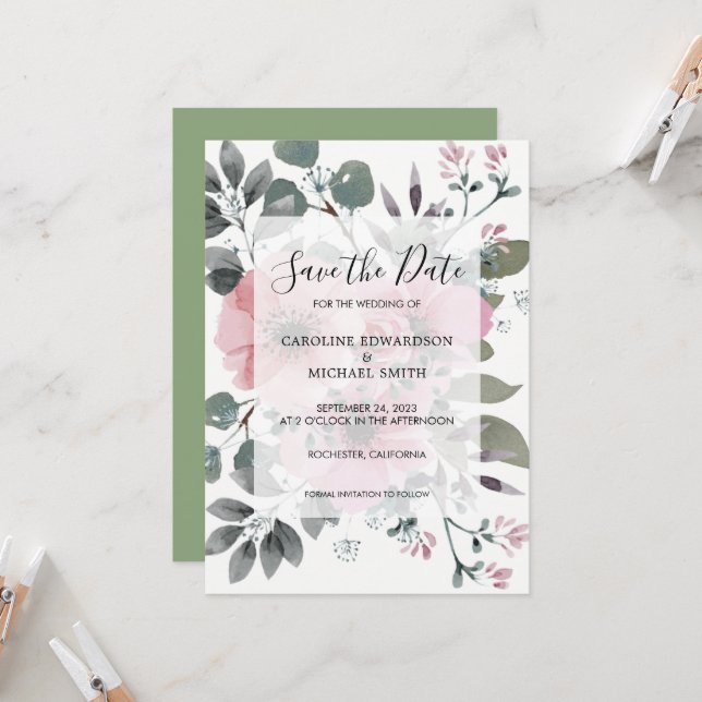 Rustic elegant watercolor floral Save the Date Invitation (Front/Back In Situ)