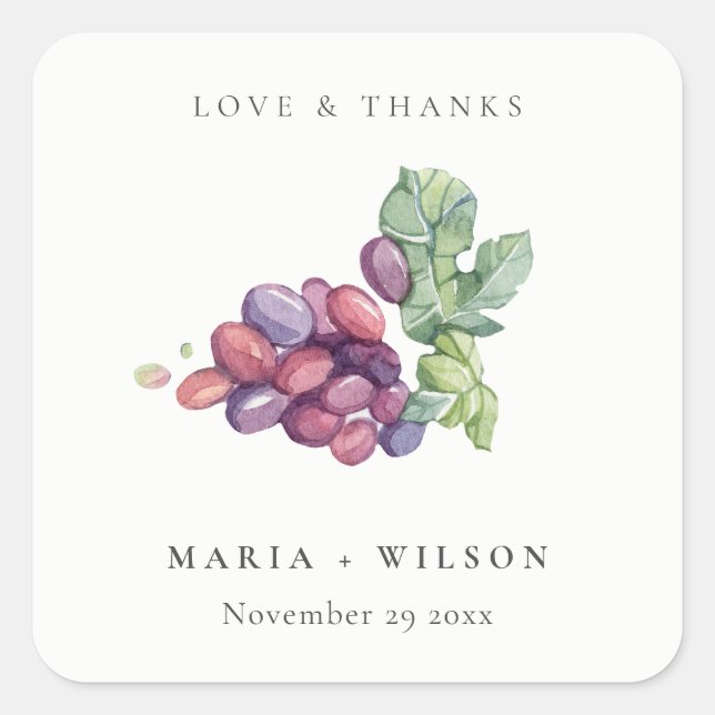 Rustic Elegant Watercolor Grape Foliage Wedding Square Sticker (Front)