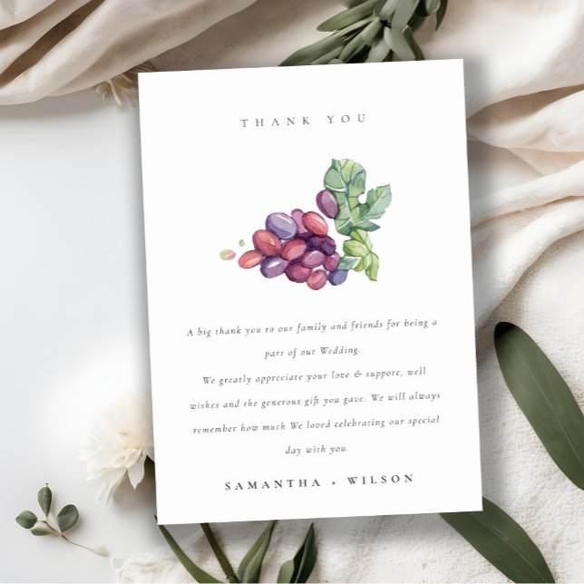 Rustic Elegant Watercolor Grape Foliage Wedding Thank You Card (Creator Uploaded)