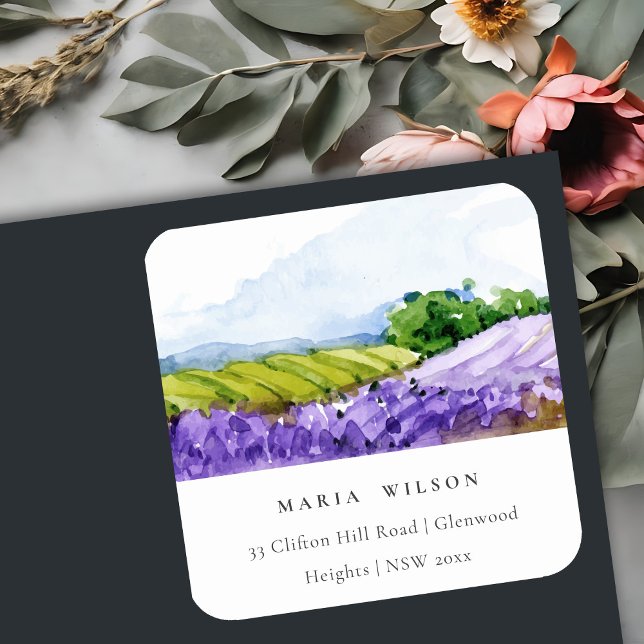 Rustic Elegant Watercolor Lavender Fields Address Square Sticker (Creator Uploaded)