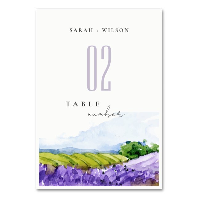 Rustic Elegant Watercolor Lavender Fields Wedding Table Number (Front)