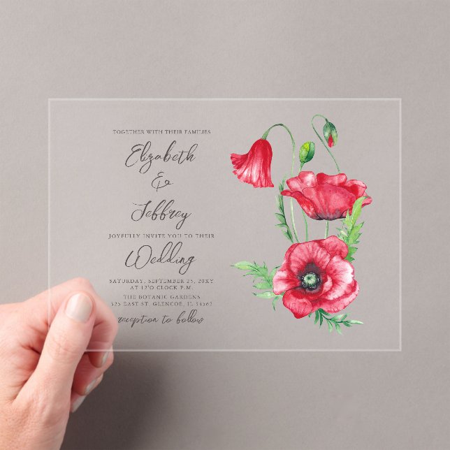 Rustic Elegant Watercolor Script Red Poppy Wedding Acrylic Invitations (Insitu (Handheld))