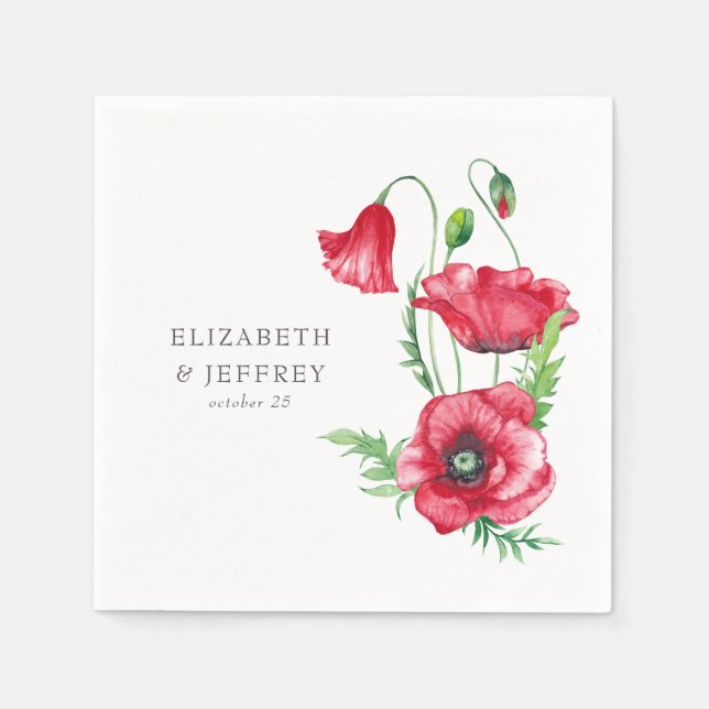 Rustic Elegant Watercolor Script Red Poppy Wedding Napkin (Front)