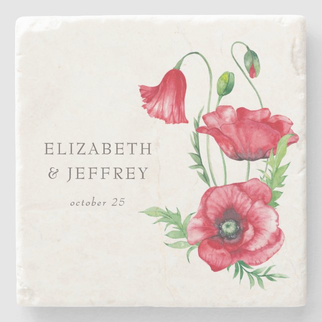 Rustic Elegant Watercolor Script Red Poppy Wedding Stone Coaster (Front)