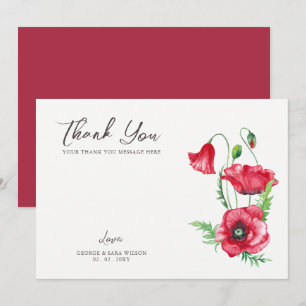 Rustic Elegant Watercolor Script Red Poppy Wedding Thank You Card